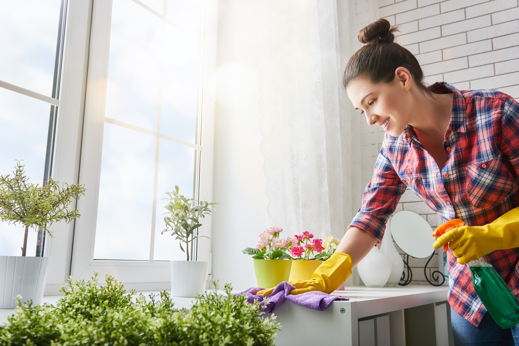 Smiling cleaning professional holding eco-friendly products
